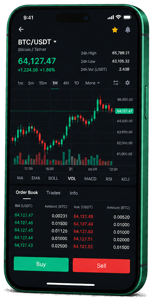 Interface mobile de trading Vaste Rendébrance — cours BTC/USDT en temps réel, carnet d’ordres et outils de suivi des transactions